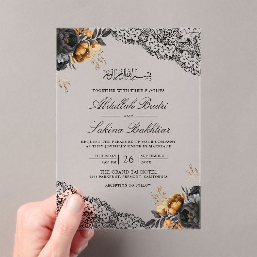 Black Gold Floral Lace Muslim Wedding Acryleinladungen (Insitu (Handheld))