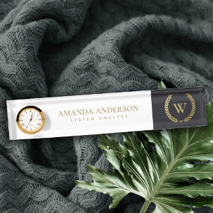 BLACK GOLD FLORAL LAUREL WREATT INITIAL MONOGRAM NAMENSPLAKETTE
