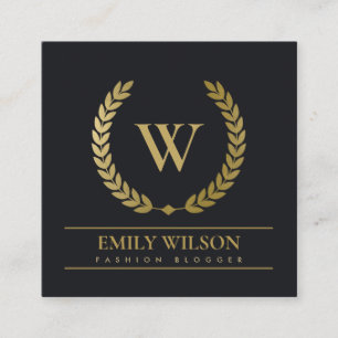 BLACK GOLD FLORAL LAUREL WREATT INITIAL MONOGRAM QUADRATISCHE VISITENKARTE