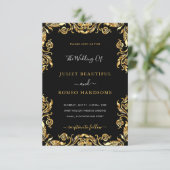 Black Gold Floral Luxury Wedding Invitation Card Einladung (Stehend Vorderseite)