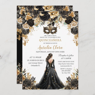 Black Gold Floral Masquera Ball Quinceañera Einladung