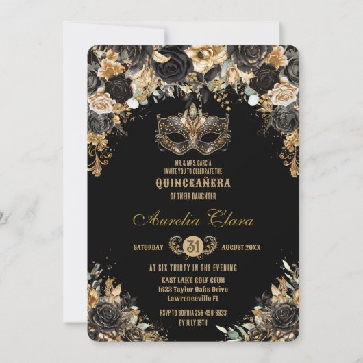 Black Gold Floral Masquera Ball Quinceañera Einladung (Vorderseite)