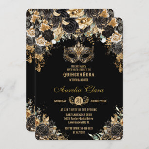 Black Gold Floral Masquera Ball Quinceañera Einladung