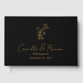 Black/Gold Floral Monogram Calligraphy Wedding Gästebuch (Vorderseite)