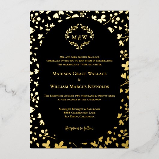 Black & Gold Floral Monogram Elegant Luxe wedding Folieneinladung (Vorderseite)