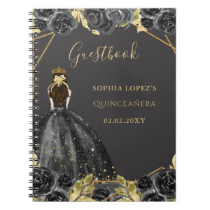 Black Gold Floral Princess Quinceanera Gästebuch Notizblock