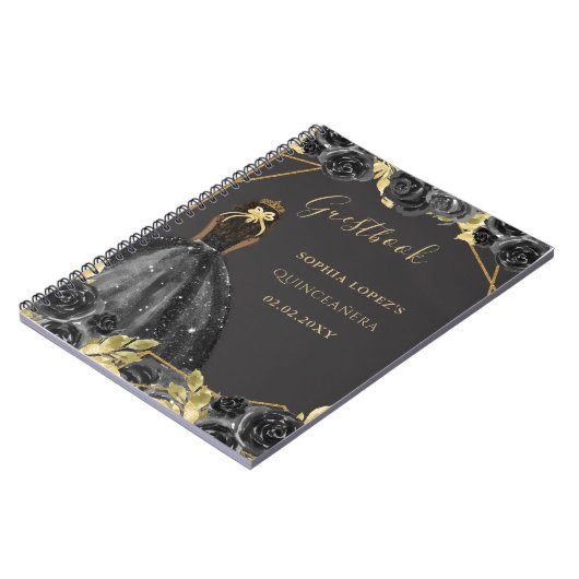 Black Gold Floral Princess Quinceanera Gästebuch Notizblock (Linke Seite)