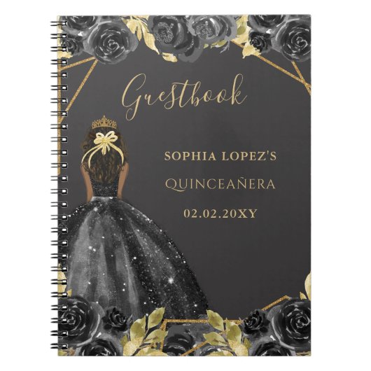 Black Gold Floral Princess Quinceanera Gästebuch Notizblock (Vorderseite)