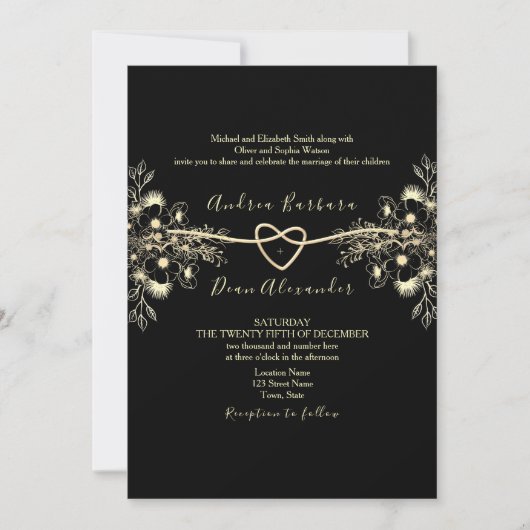 Black Gold Floral QR Code Hochzeitsempfang Einladung (Vorderseite)