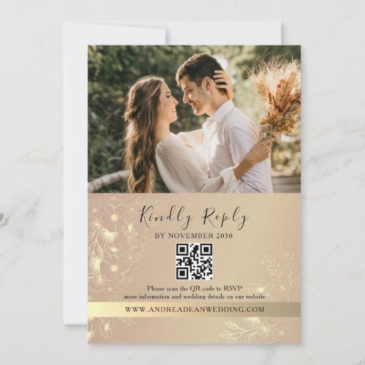 Black Gold Floral QR Code Hochzeitsempfang Einladung (Rückseite)