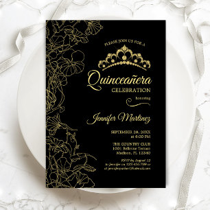 Black Gold Floral Quinceanera Party Einladung