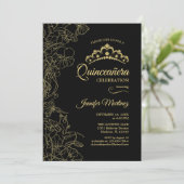 Black Gold Floral Quinceanera Party Einladung (Stehend Vorderseite)