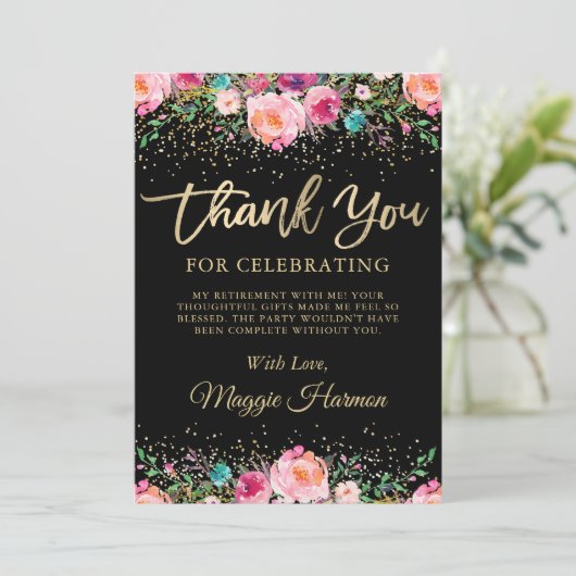 Black Gold Floral Surprise Retirement Party Dankeskarte (Stehend Vorderseite)