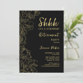 Black Gold Floral Surprise Retirement Party Einladung (Stehend Vorderseite)
