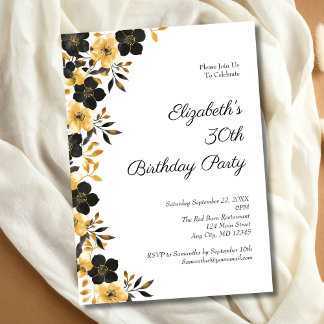 Black Gold Floral Watercolor 30. Geburtstag Party Einladung