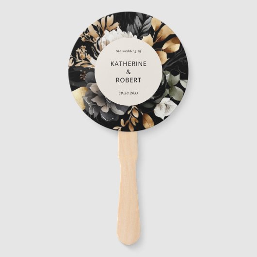 Black Gold Floral Wedding Program Hand Fan Fächer (Vorderseite)