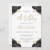 Black Gold Floral White 50th Birthday Invitation Einladung (Vorderseite)