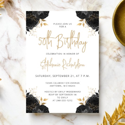 Black Gold Floral White 50th Birthday Invitation Einladung