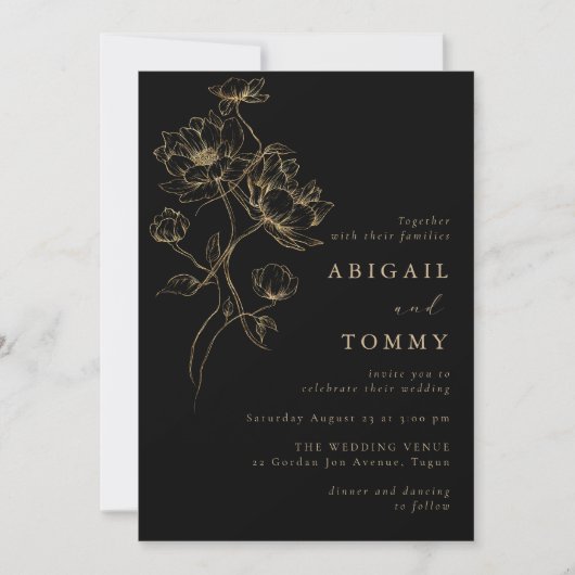 Black, Gold Flowers Classic Modern Wedding Einladung (Vorderseite)