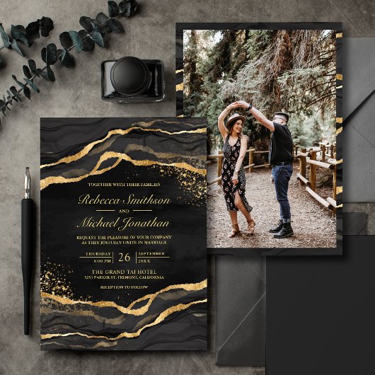Black Gold Fluid Ink Foto Hochzeit Einladung