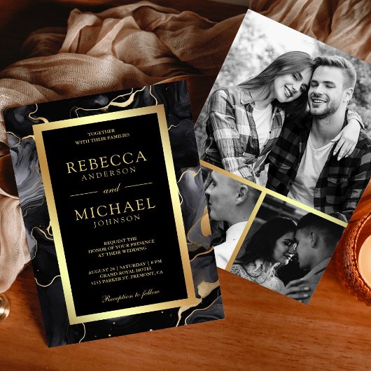 Black Gold Fluid Tinte Foto Collage Hochzeit Einladung