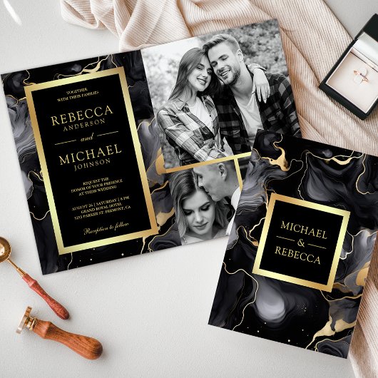 Black Gold Fluid Tinte QR Code Foto Collage Weddin Einladung