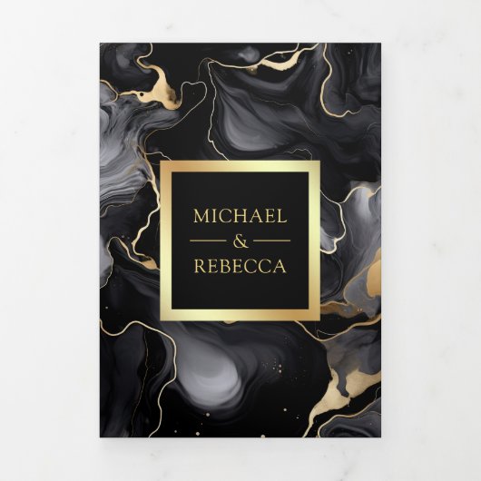 Black Gold Fluid Tinte QR Code Hochzeit Dreifach Gefaltete Einladung (Cover)