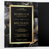 Black Gold Fluid Tinte QR Code Hochzeit Dreifach Gefaltete Einladung (Innen Erste Seite)