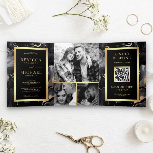 Black Gold Fluid Tinte QR Code Hochzeit Dreifach Gefaltete Einladung