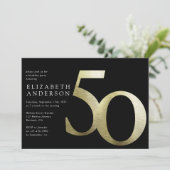 Black Gold Foil 50. Geburtstag Einladung (Stehend Vorderseite)
