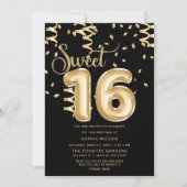 Black Gold Foil Ballon Sweet 16 Geburtstag Einladung (Vorderseite)