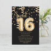 Black Gold Foil Ballon Sweet 16 Geburtstag Einladung (Stehend Vorderseite)