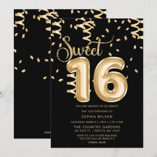 Black Gold Foil Ballon Sweet 16 Geburtstag Einladung (Vorne/Hinten)