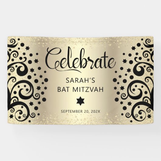Black Gold Foil Bat Mitzvah Tree of Life Script Banner (Horizontal)