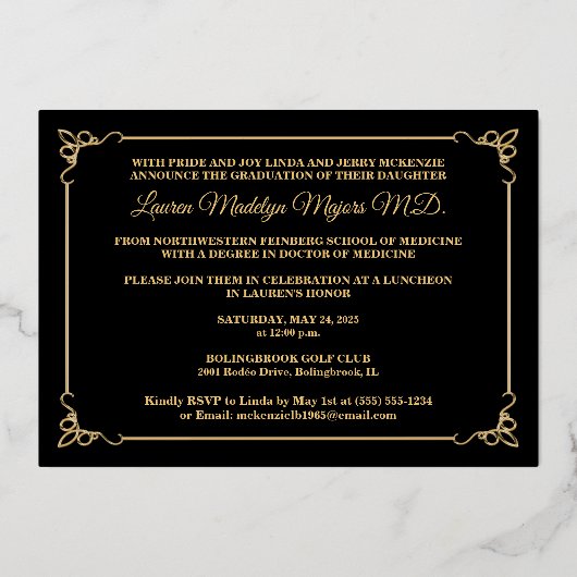 Black Gold FOIL Class 2025 Foto Abschluss Folieneinladung (Rückseite)