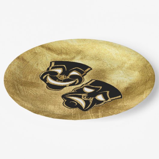 Black Gold Foil Comedy und Tragedy Wedding Pappteller (Schrägansicht)