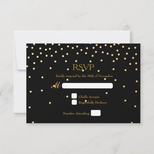 Black & Gold Foil Confetti Dots Wedding RSVP Card (Vorderseite)