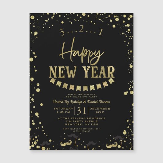 Black & Gold Foil Confetti Silvester Party Magnetkarte (Vorderseite)