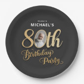 Black Gold Foil Custom Photo 80th Birthday  Pappteller (Vorderseite)