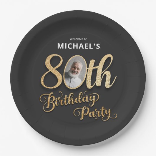 Black Gold Foil Custom Photo 80th Birthday  Pappteller (Vorderseite)