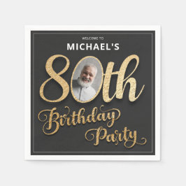 Black Gold Foil Custom Photo 80th Birthday  Serviette