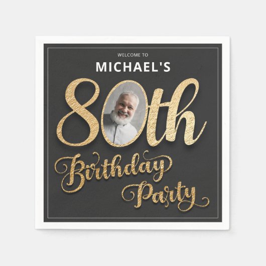 Black Gold Foil Custom Photo 80th Birthday  Serviette (Vorderseite)