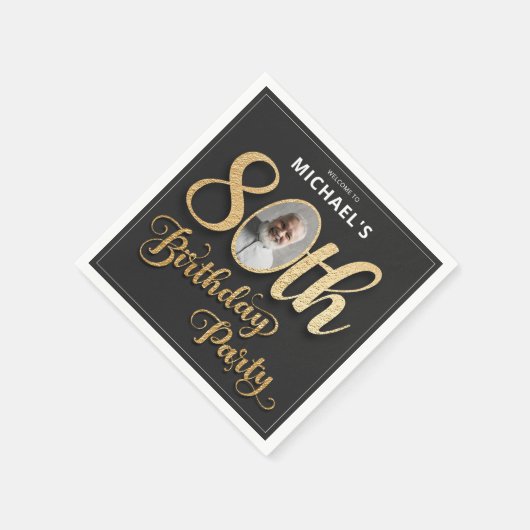 Black Gold Foil Custom Photo 80th Birthday  Serviette (Ecke)