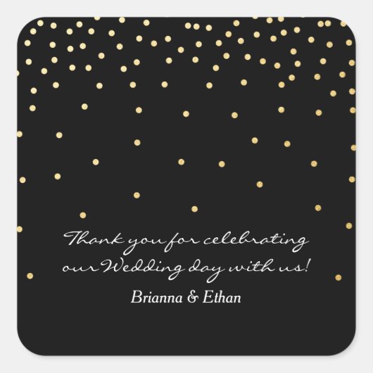Black & Gold Foil Dots Moderne Hochzeitskleber Quadratischer Aufkleber (Vorderseite)