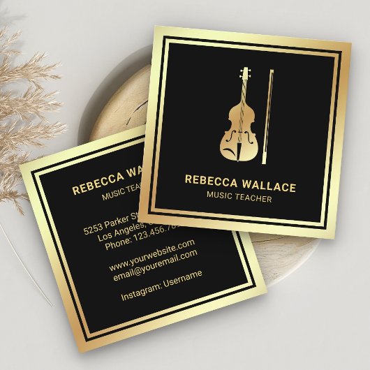 Black Gold Foil Geige Musiklehrer Violinist Quadratische Visitenkarte