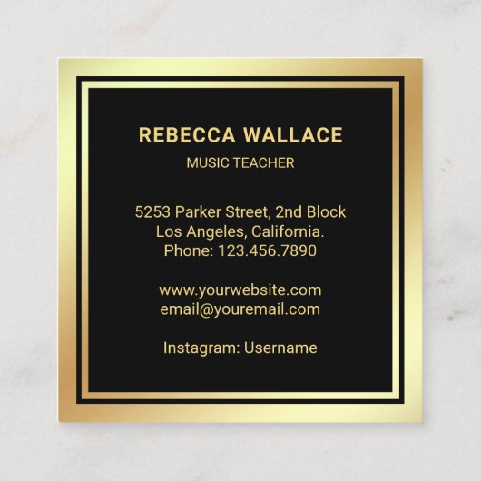 Black Gold Foil Geige Musiklehrer Violinist Quadratische Visitenkarte (Rückseite)