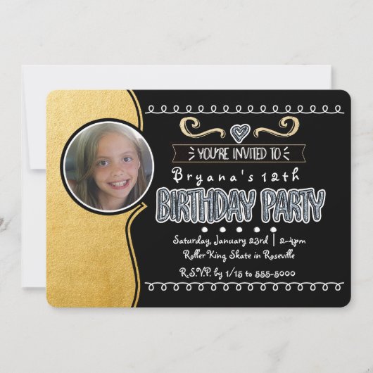 Black & Gold Foil Girls Einladungen zum Geburtstag (Vorderseite)