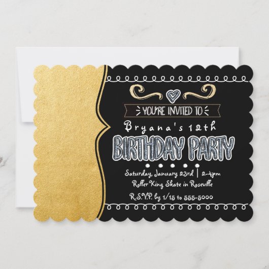 Black & Gold Foil Girls Geburtstagsparty Einladung (Vorderseite)