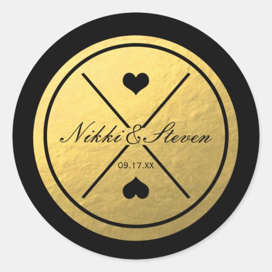 Black & Gold Foil Heart Round Wedding Sticker (Vorderseite)