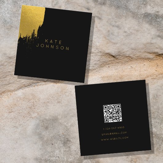 Black Gold Foil Luxe Minimalistisch QR Code Quadratische Visitenkarte